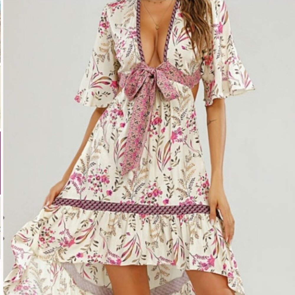 Lance Cade Women's Medium Hi-Lo Hem Dress, Deep Neck Plunge, Back Cut-Out, NEW